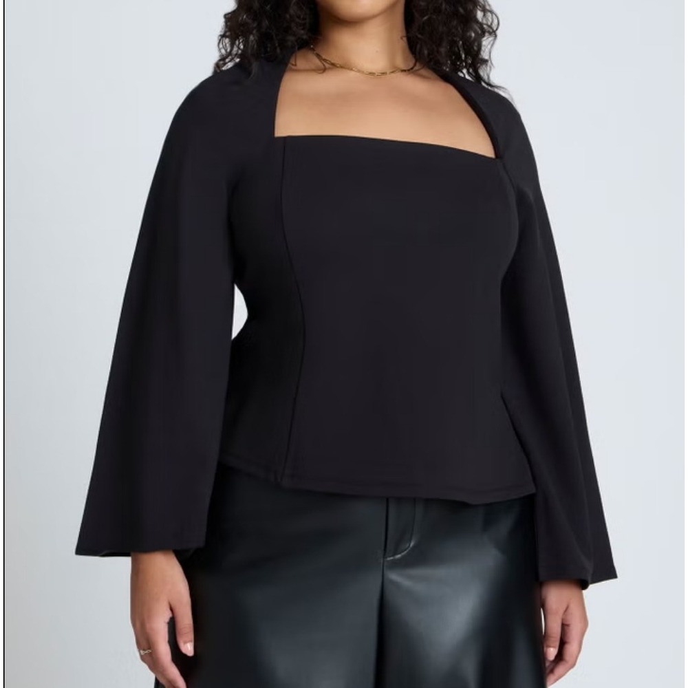 NWT Eloquii Square Neck Seam Detail Bell Sleeve Ponte Top Size 16 Black Long Slv